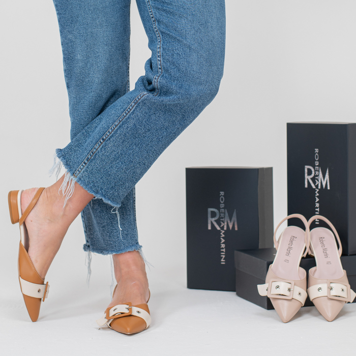 Ballerina Ada Décolleté con Cinturino Cuoio- Panna