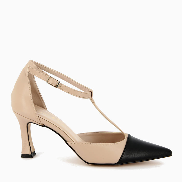 Décolleté Giulia  con Cinturino a T  Beige-Nero