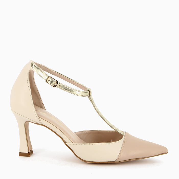 Décolleté Giulia  con Cinturino a T Beige-Panna-Oro